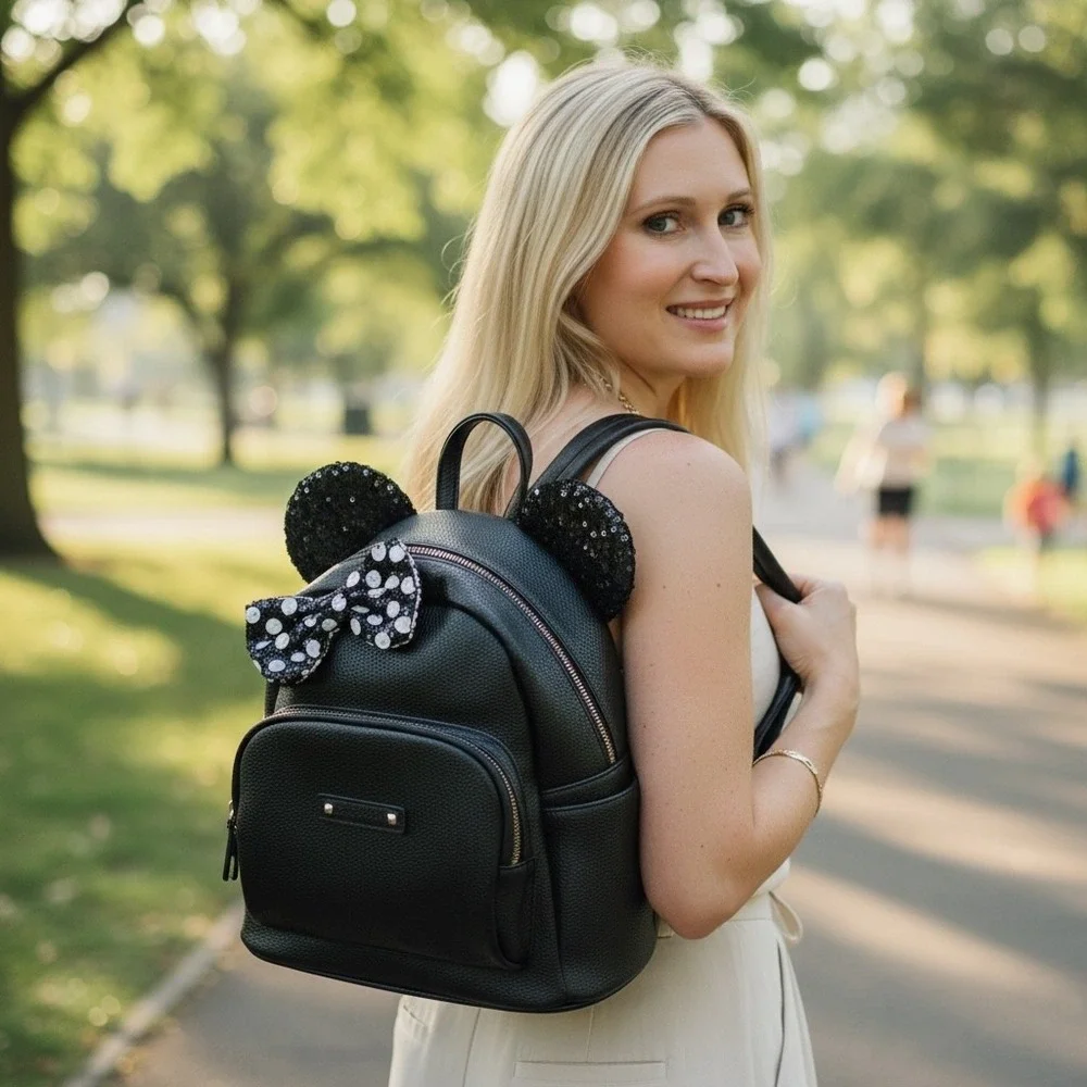 Disney Minnie Mouse Sequin Ear Mini Backpack Black Pebbled‎ Faux Leather Bow
